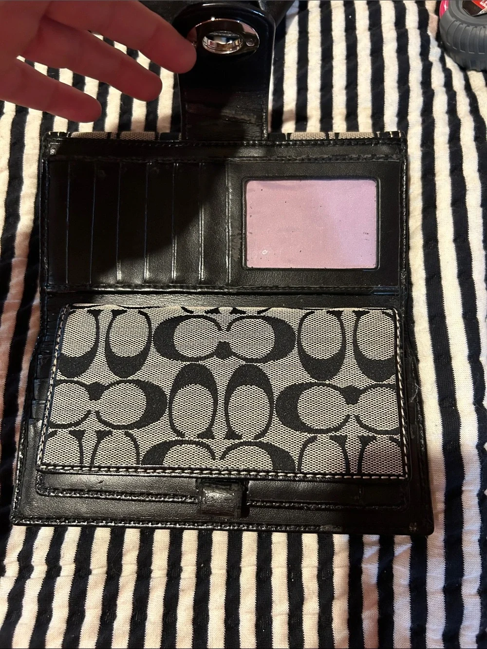 Coach Black and Khaki Signature Turnlock Wallet